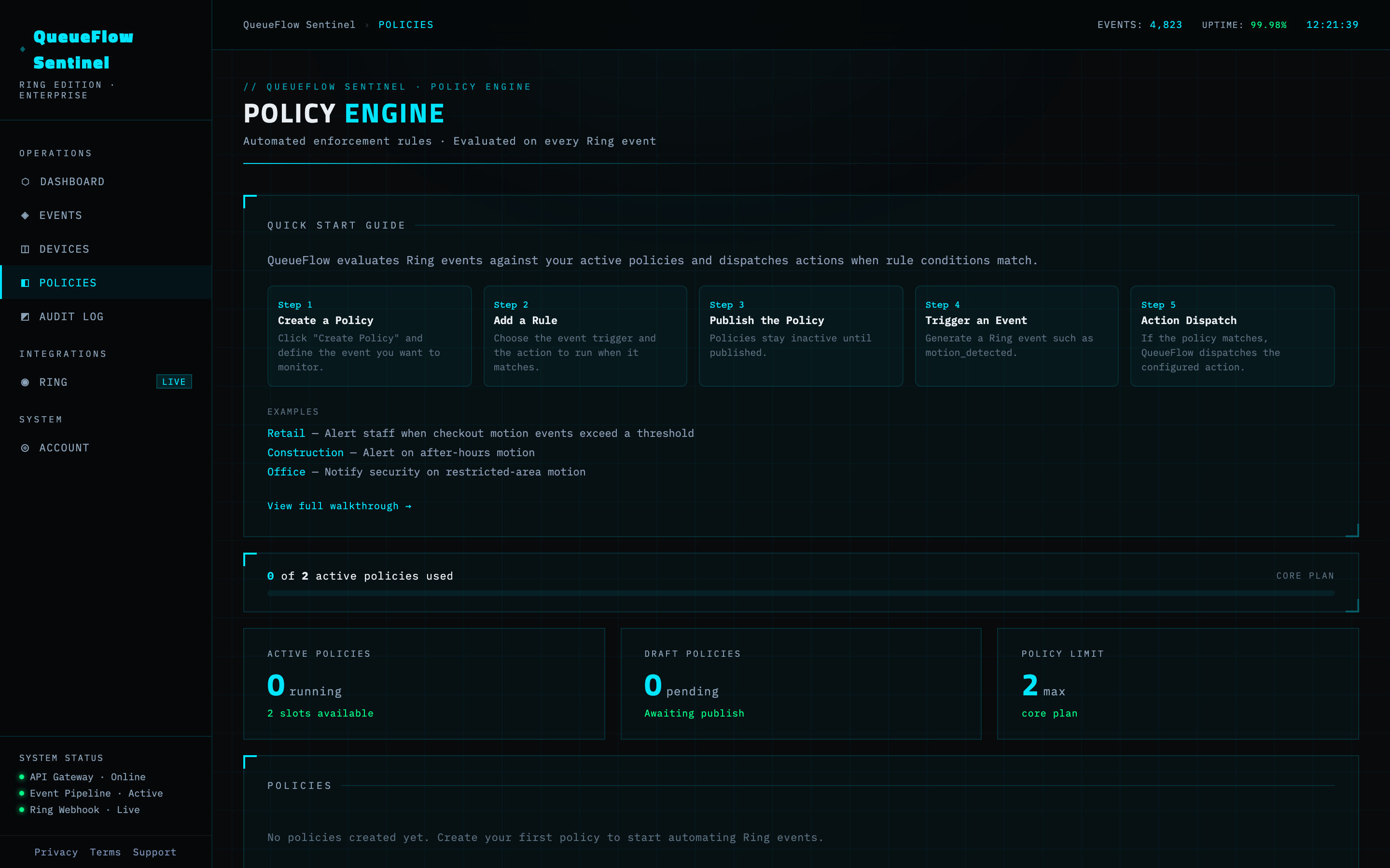 QueueFlow Sentinel Policy Engine showing enforcement rules and quick start guide